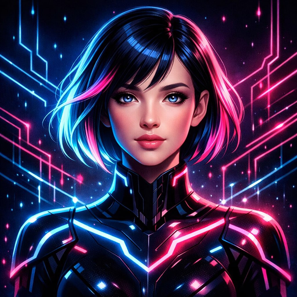 Retrato de SARA, asistente autónoma con estética neón rosa y azul